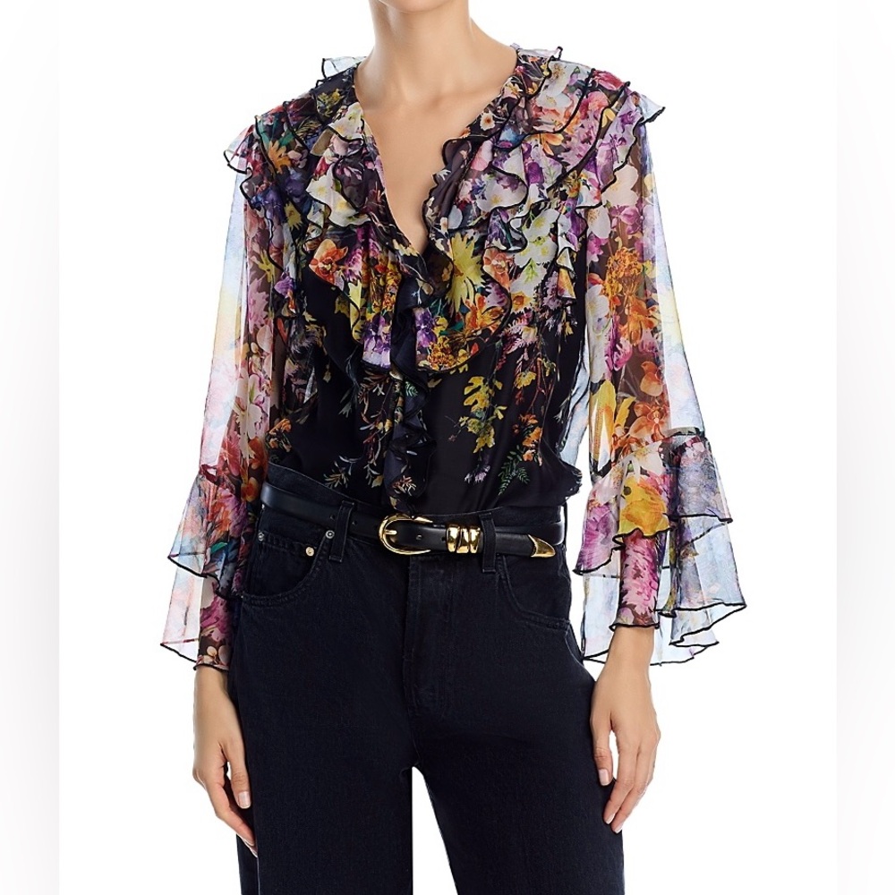 Aqua Floral Ruffle Blouse - Multicolor